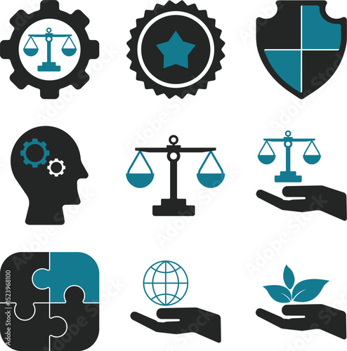 Business Ethics Icon Set - Honesty, Integrity, Commitment and Decision, Social Responsibility, Increased Corporate Values, Trustworthiness, Reliability, Teamwork, You Can Easily Change Color.