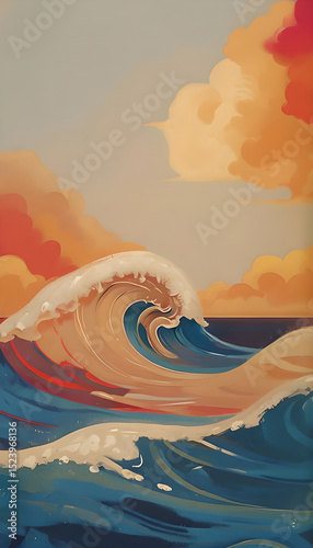 Serene Ocean Scene With Bold Waves And Gradient Sky