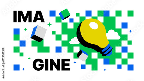 Imagine Concept Art-Colorful Pixel Pattern with Light Bulb Icon for Creative Agencies and Branding Design