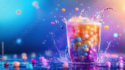 Colorful Drink Splash with Bright Candy Balls in Glass for Modern Beverage and Party Design
