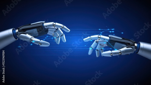 Two robotic hands reach across a digital network, a futuristic connection in a deep blue space