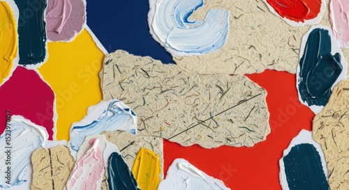 Colorful abstract composition of torn paper and paint strokes. photo