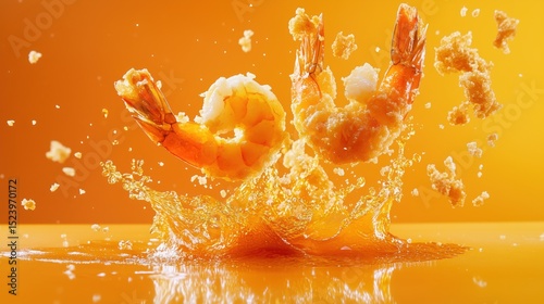 Fried shrimp splash — vibrant yellow background for food advertising, menus and packaging
