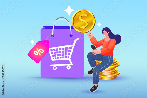 illustration of a shopping cart full of money