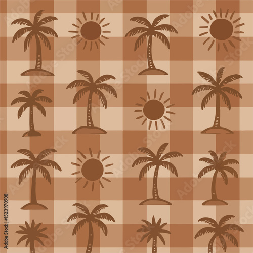Tropical Summer Palm Trees and Sun Gingham Pattern