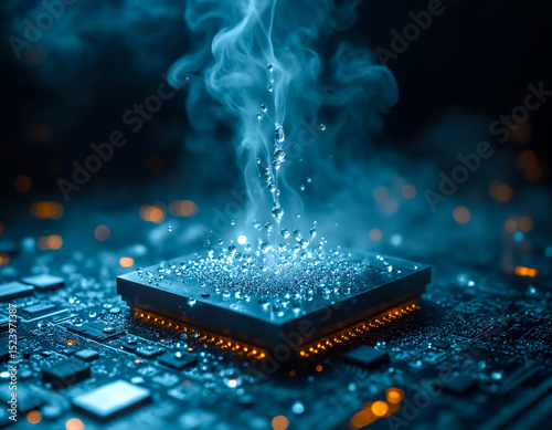 Dynamic computer chip with water & smoke; symbolizing AI, high performance, liquid cooling, and future tech. Ideal for data, innovation, and digital concepts.