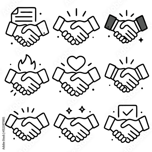 Handshake icon featuring nine unique black and white line drawings of handshakes with various symbols, ideal for business and communication concepts.