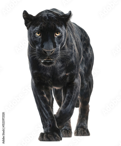 A majestic black panther walking forward with a focused gaze, isolated on transparent background, showcasing its powerful presence and sleek, dark fur