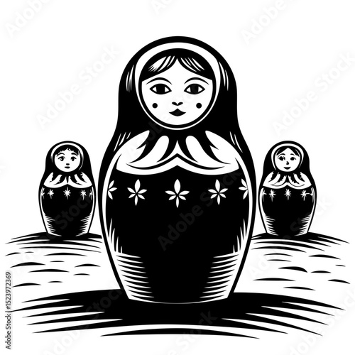Black and white illustration of matryoshka dolls