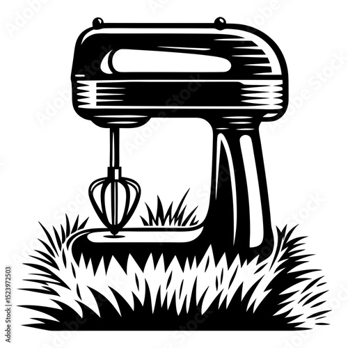 Vintage hand mixer in grass black and white illustration