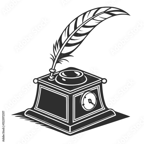 Vintage quill pen in inkwell stand illustration