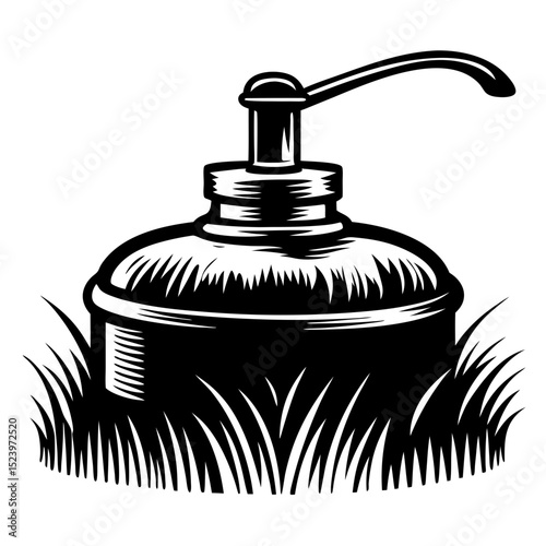 Vintage soap dispenser in grass illustration
