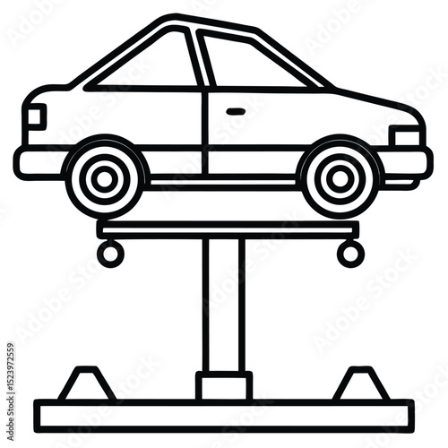 An illustration of a compact car elevated on a hydraulic lift. The car features round wheels and simple outlines, positioned above a rectangular base with support legs. Car maintenance or repair tasks