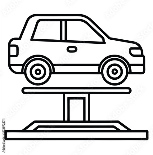 An illustration of a compact car elevated on a hydraulic lift. The car features round wheels and simple outlines, positioned above a rectangular base with support legs. Car maintenance or repair tasks