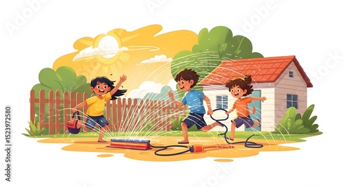 Children playing with a sprinkler in the yard on a sunny day near a house and fence