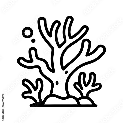 Simple line drawing of coral reef with marine plants and bubbles in aquatic environment
