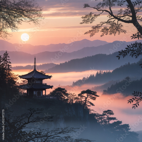 Sunset over the Temple and Lake with Calm Reflections
