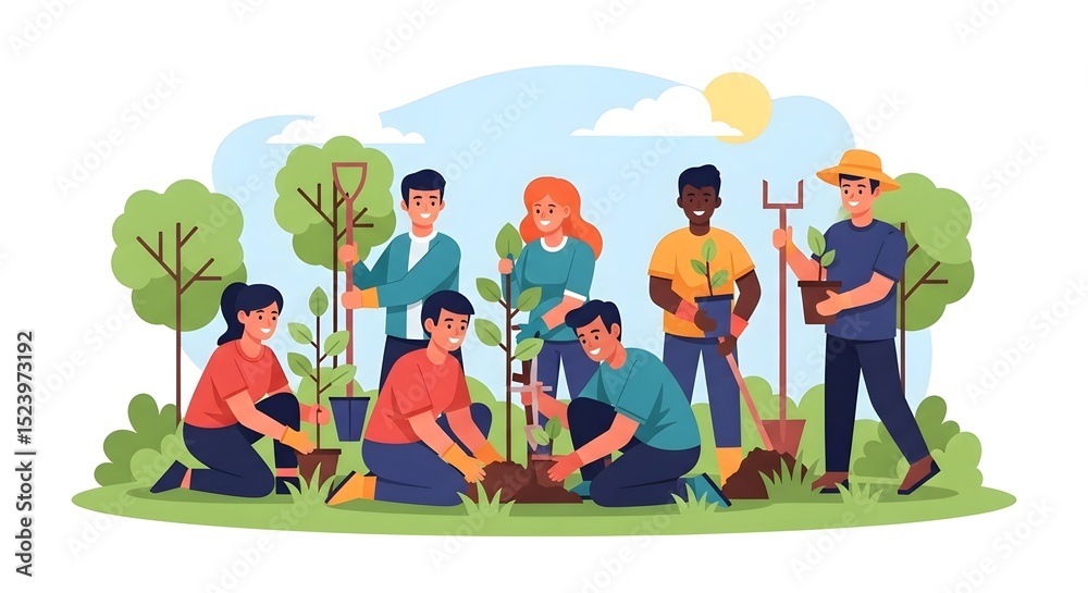 Fototapeta premium Group of people planting trees in a park on a sunny day with gardening tools shown