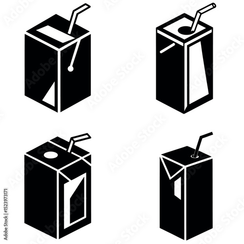 Black and White Isometric Juice Boxes with Straws, Minimalist Drink Packaging Design
