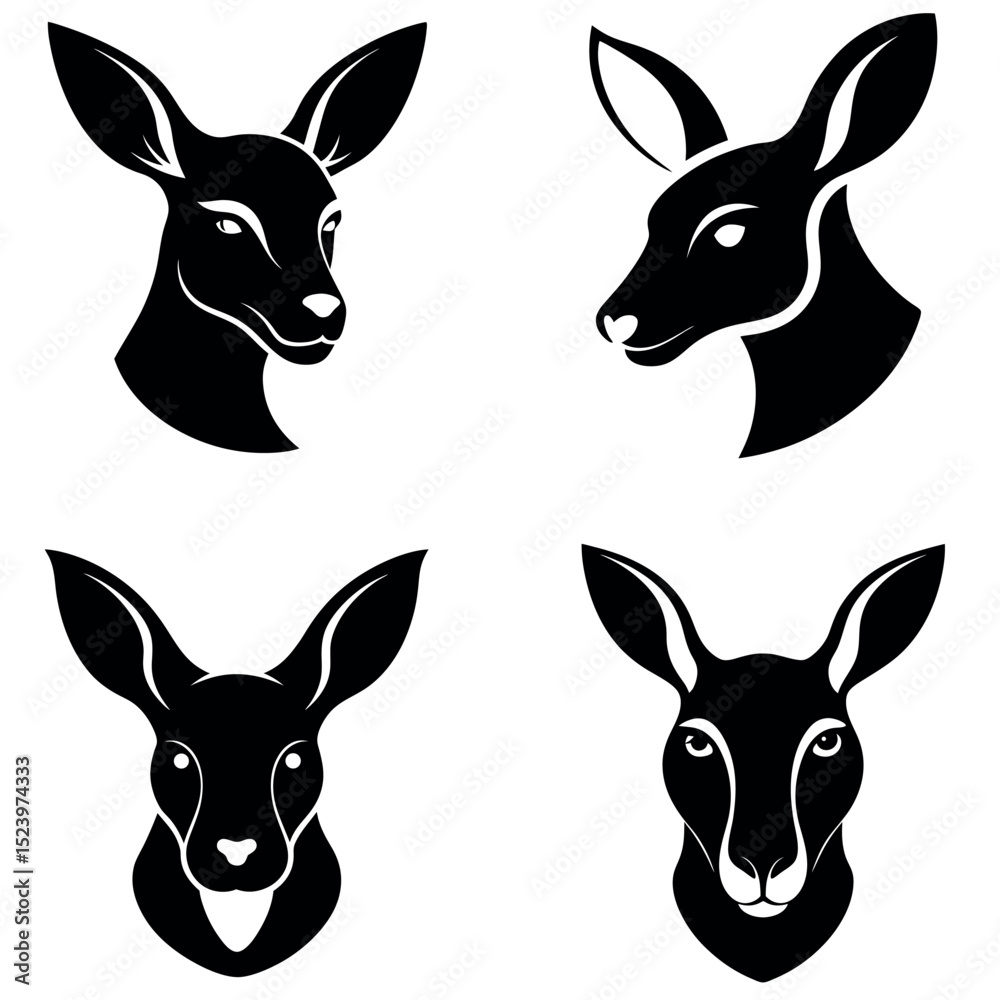 Obraz premium Black and White Silhouette Four Unique Kangaroo Head Design Variations