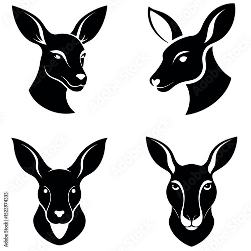 Black and White Silhouette Four Unique Kangaroo Head Design Variations