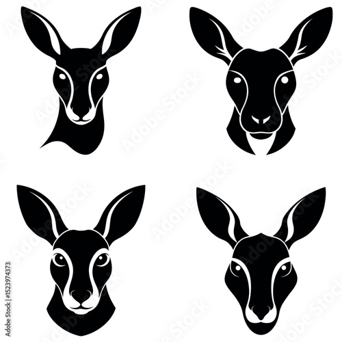 Four Black and White Kangaroo Head Silhouettes with Varying Styles and Frontal Perspectives