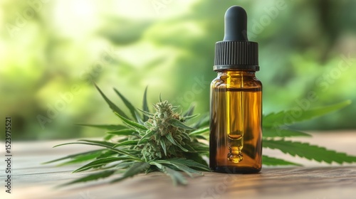 Cannabidiol Oil Bottle with Hemp Leaves in Natural Green Background