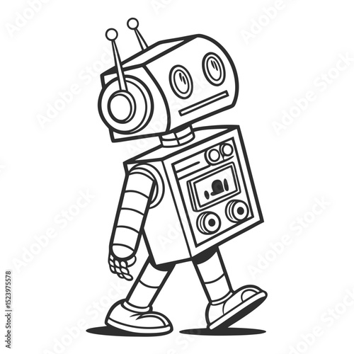 Retro robot walking cartoon illustration