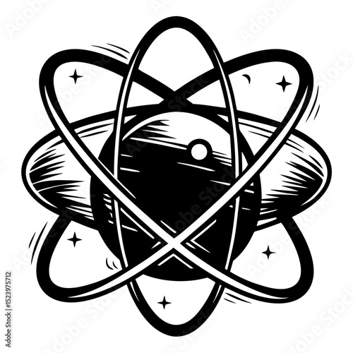 Stylized black and white atom illustration