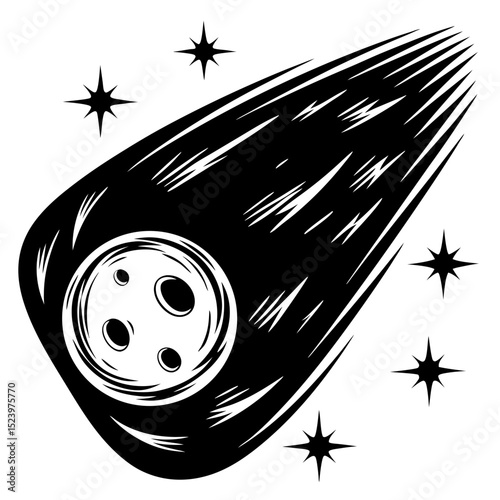 Black and white illustration of a comet