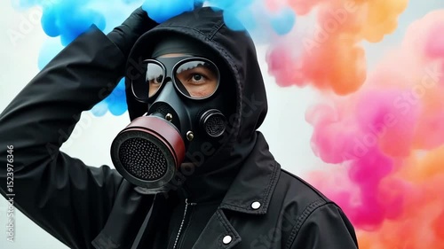 Close-up of man in gas mask in smoky atmosphere, swirling colorful smoke around man in respirator