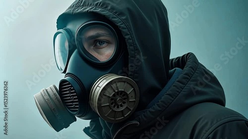 Person in gas mask wears black clothes in foggy atmosphere, toxic substances, white smoke