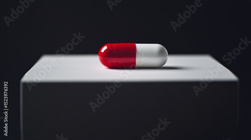 Single red capsule on a white surface representing hope and somberness