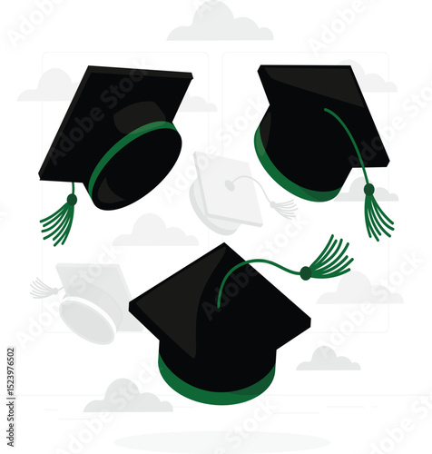 Three black and green graduation caps on a white background. Clean academic-themed vector for invitations, school events, achievement posters, and graduation designs.