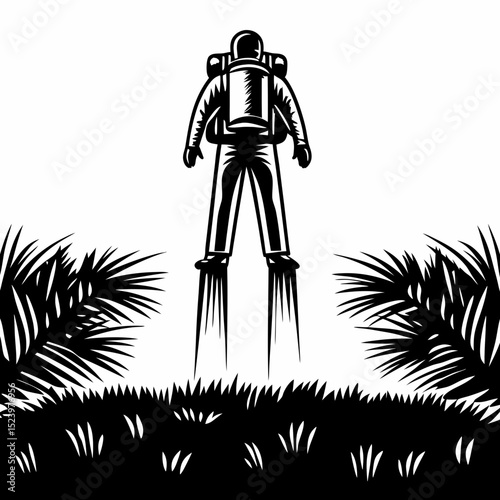 Backpacker with jetpack flying over grassland
