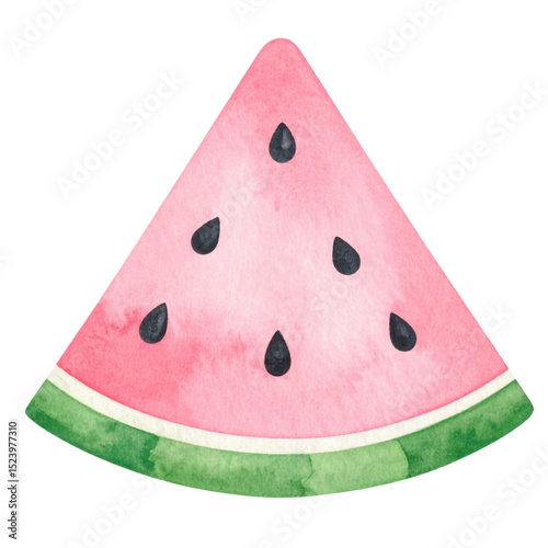 Watercolor illustration of watermelon slice with seeds, featuring vibrant pink and green colors