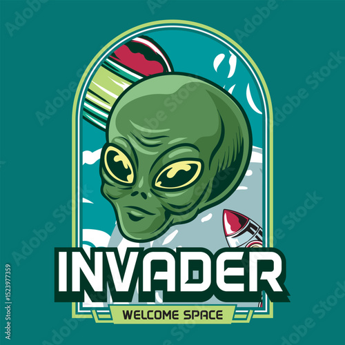 A green alien head floats in space, surrounded by rockets and planets, welcoming viewers to intergalactic exploration