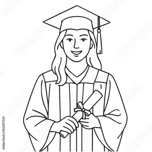 Stylized black and white vector of a woman in graduation attire, surrounded by strong black outlines, expressing success, dignity, and educational accomplishment.

