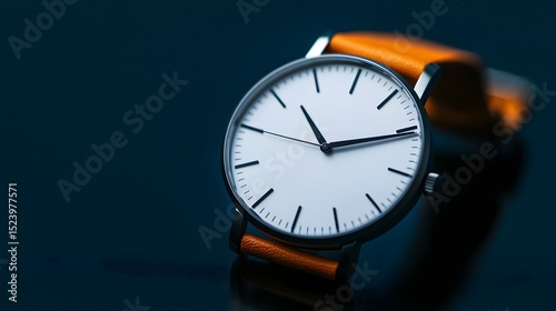 Wallpaper Mural A minimalist wrist watch with a white face and orange leather strap, placed on a black concrete background with copy space for text or design, Generative AI
 Torontodigital.ca