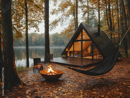 A cozy glamping site with a modern tent and campfire in an autumn forest near the lake, Generative AI
