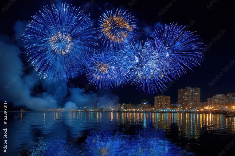 Obraz premium Spectacular blue fireworks display over city waterfront