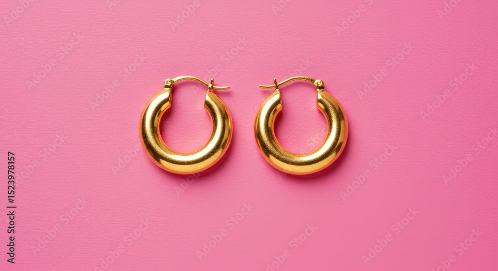 Elegant gold hoop earrings on pink background, ideal for fashion branding, jewelry marketing, or stylish web content. Elegant gold hoop earrings on pink background, ideal for fashion branding, jewelry marketing, or stylish web content.
