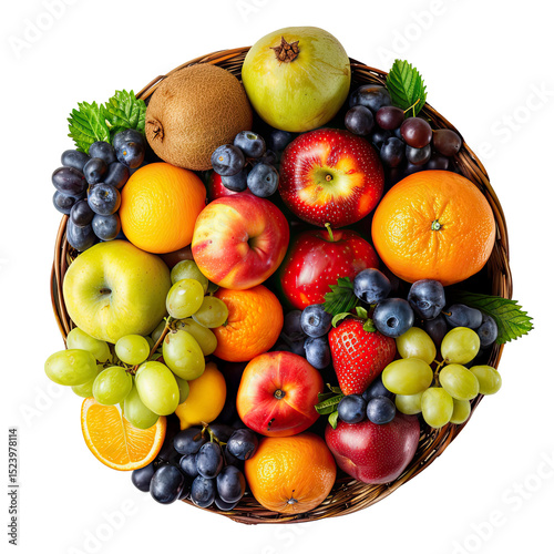 Fototapeta Naklejka Na Ścianę i Meble -  Wicker basket with different fruits on white background, top view with clipping path