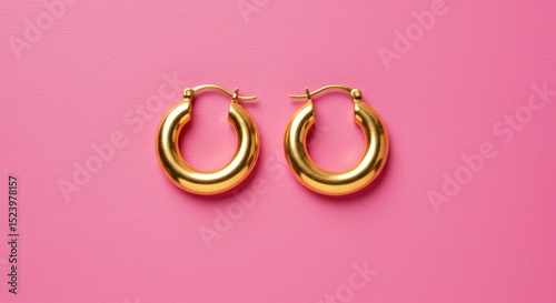 Elegant gold hoop earrings on pink background, ideal for fashion branding, jewelry marketing, or stylish web content.