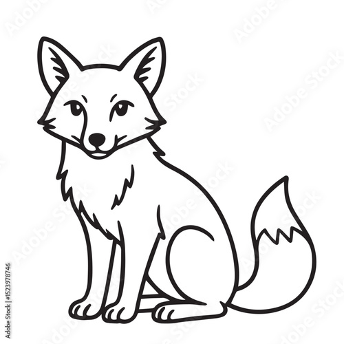 Vector drawing of a fox in black and white, using thick black outlines to highlight its graceful body, cunning expression, and flowing fur.

