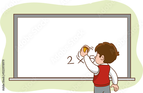 vector illustration of cute student erasing the blackboard in the classroom