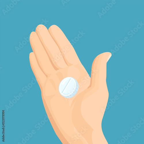 Pill in hand isolated on blue background. Vector cartoon flat illustration.