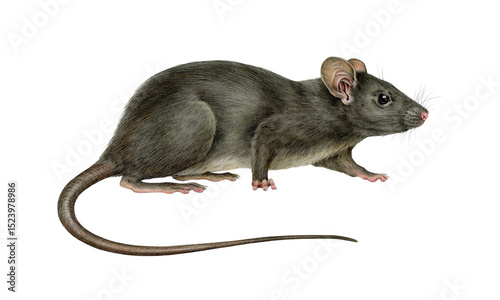 Black rat animal realistic illustration on white background. Rattus Rattus wildlife rodent mammal hand drawn image. Cute small single black rat side view isolated on background