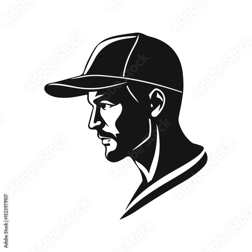 Man in baseball cap, clear lines, sharp shadows, black and white vector style, man in cap, side profile, vector portrait, modern outline, graphic male