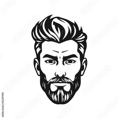 Stylized male face with thick hair and full beard, strong expression, bold lines, monochrome vector portrait, hipster style, bearded man, modern haircut, masculine face, vector portrait
